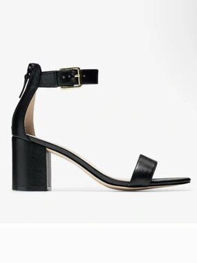 Cole Haan Black Clarette Leather Heeled Sandals Gold Buckle Size 10